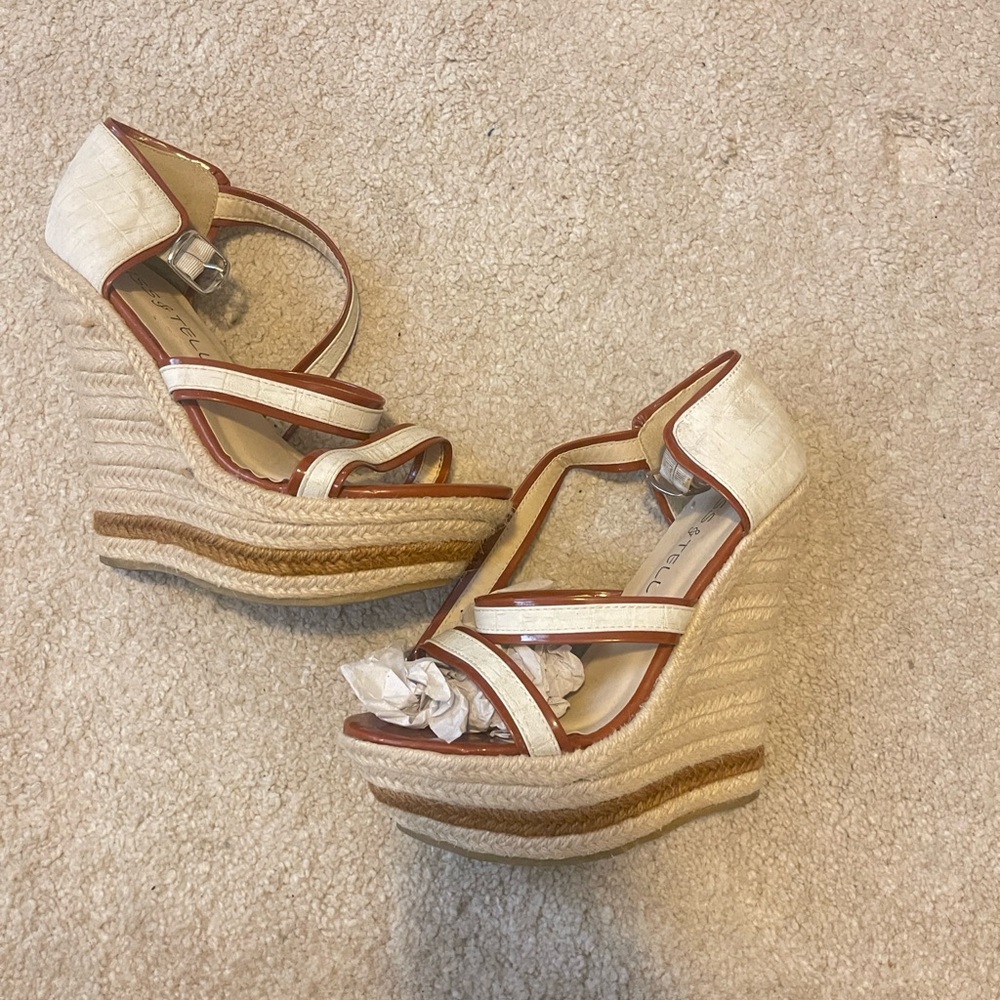 Kiss & Tell Stylish Cream and Brown Wedge Sandals - Picture 2 of 9
